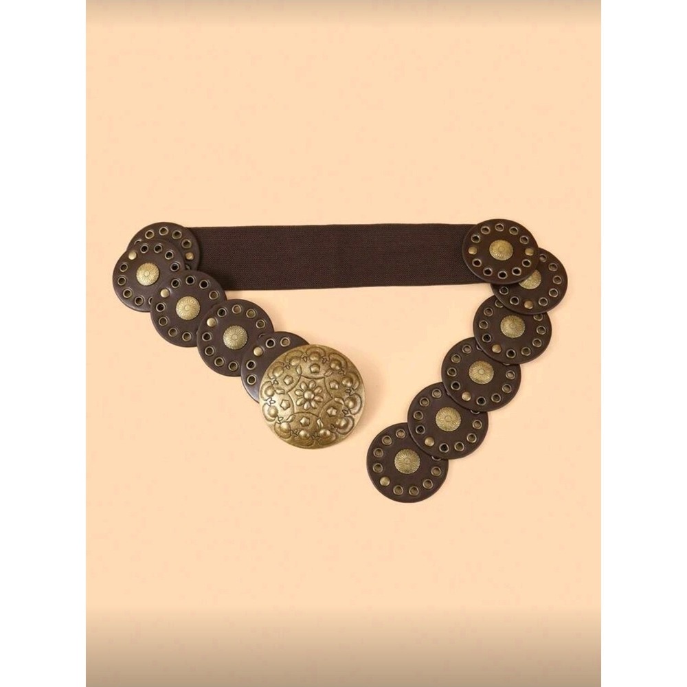 Womens Boho Brown Gold Circle‎ Elastic Belt Waist Ornament Western 29.5 inch - Picture 2 of 2